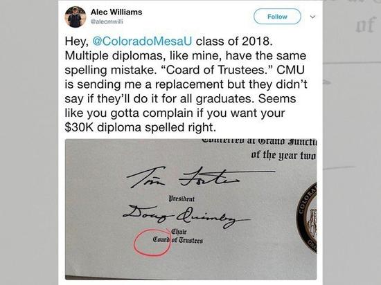 科羅拉多梅薩大學將爲學生重印畢業證書，因爲擔任校刊編輯的畢業生威廉斯赫然發現證書上的「董事會」一字，首字母本來是B卻拼錯變成C。翻攝威廉斯推特