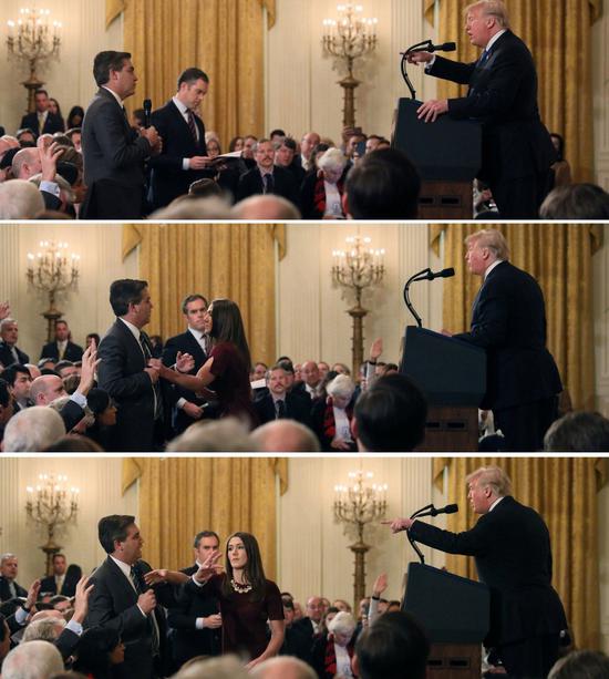 美国总统川普在期中选举落幕后的记者会中,与CNN记者阿科斯达(Jim Acosta)激烈交锋。 路透社