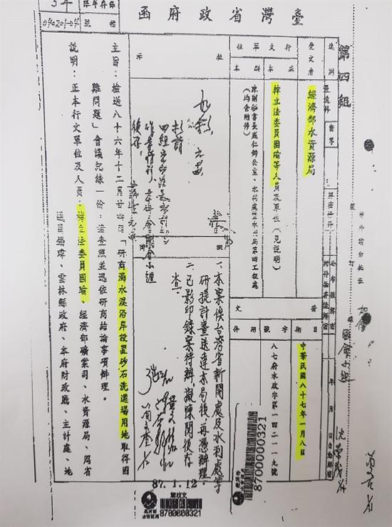 時代力量立委黃國昌在臉書出示一張民國87年1月8日臺灣省政府的函文,行文單位是「韓立法委員國瑜等人員及單位」、受文者則是「經濟部水資源局」,主旨則是「研商濁水溪沿岸設置砂石洗選場用地取得困難問題」會議記錄。(圖取自facebook.com/kcfor2016)