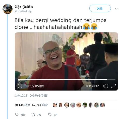一男子在參加友人婚禮時,發現一名和他長得幾乎一模一樣,甚至連穿着都差不多的陌生人。圖片來源:社交媒體截圖。