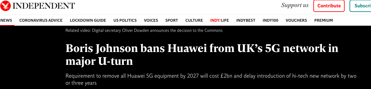 △英國《獨立報》:英國將禁止華爲參與5G建設