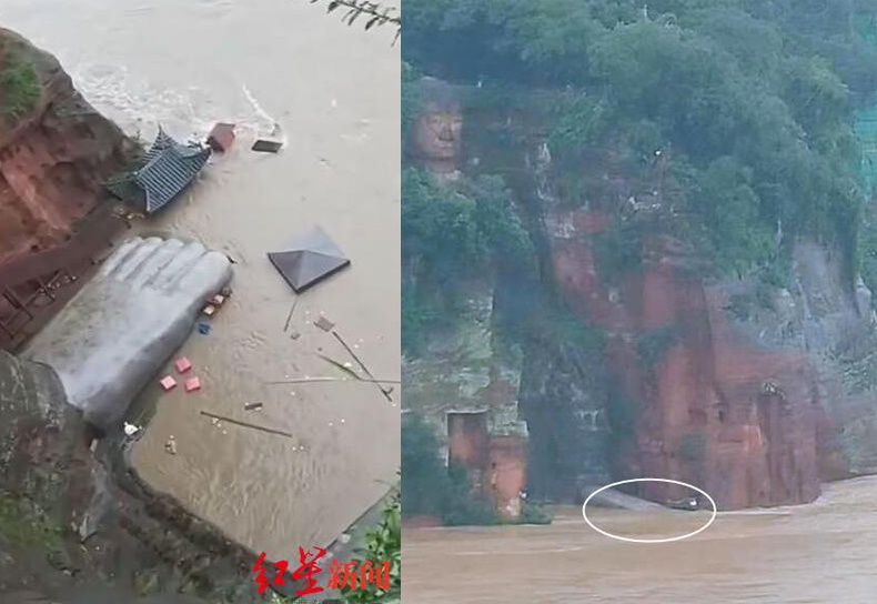 左圖爲18日早7時許,樂山大佛的腳趾還露在水面以上;早10時許,大佛的腳趾已淹沒於水中。(圖片來源:成都紅星新聞)