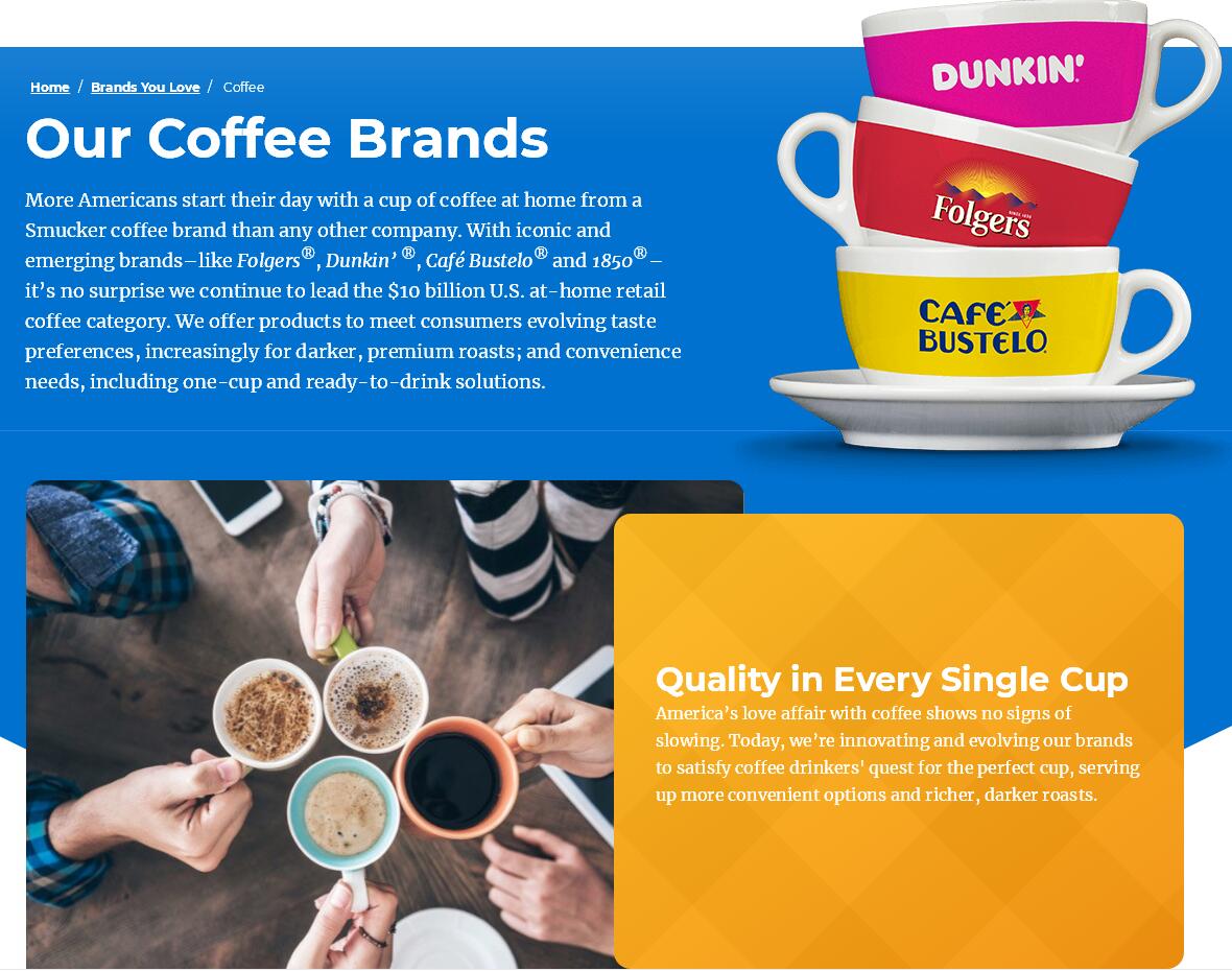 Folger's和Dunkin'這兩個品牌都屬於JMSmucher's公司。(圖片來源:JMSmucher's公司官網)