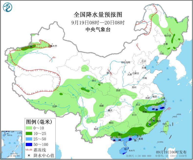 全國降水量預報圖(9月19日08時-20日08時)