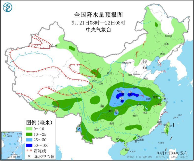 全國降水量預報圖(9月21日08時-22日08時)
