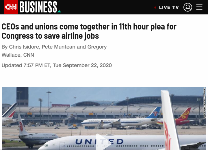 △CNN报道,首席执行官和工会领袖联合请求国会拯救航空公司的工作岗位
