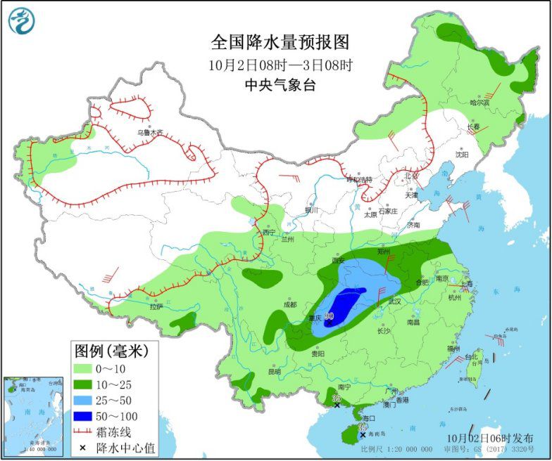 图1 全国降水量预报图(10月2日08时-3日08时)