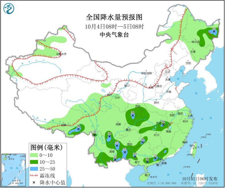 图3 全国降水量预报图(10月4日08时-5日08时)