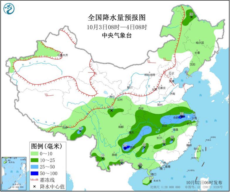 图2 全国降水量预报图(10月3日08时-4日08时)