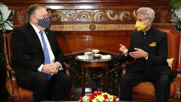 美国国务卿蓬佩奥26日与印度外交部长苏杰生举行双边会谈。(图片来源:推特)