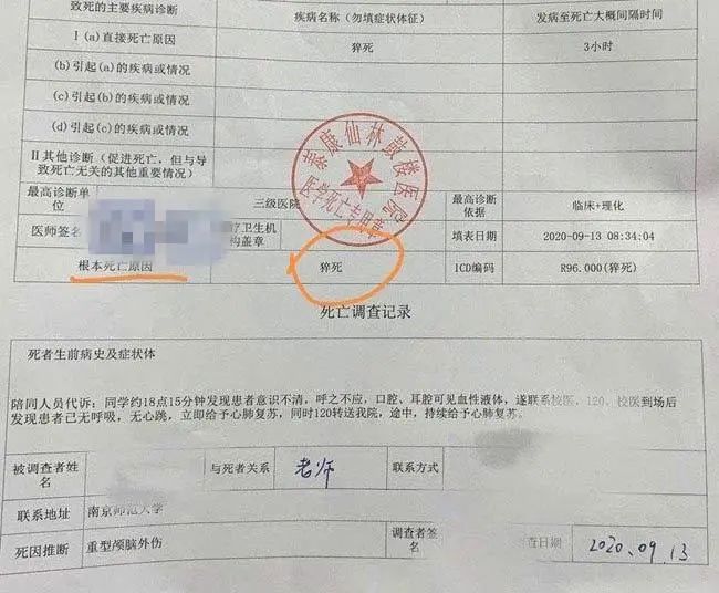 △网上流传的死亡医学证明(推断)书