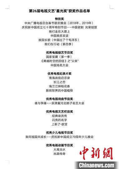 圖爲第26屆電視文藝“星光獎”獲獎作品名單。 “飛天獎”“星光獎”頒獎典禮活動新聞中心供圖