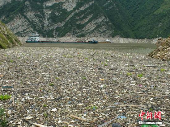 8月24日,湖北宜昌市秭归县,长江三峡水库部分水湾漂浮垃圾聚集,塑料泡沫、鞋子、酒瓶、药品、牙膏、饮料瓶等废弃物品五花八门。<a target='_blank' href='http://www.chinanews.com/'>中新社</a>发 刘君凤 摄 图片来源:CNSPHOTO
