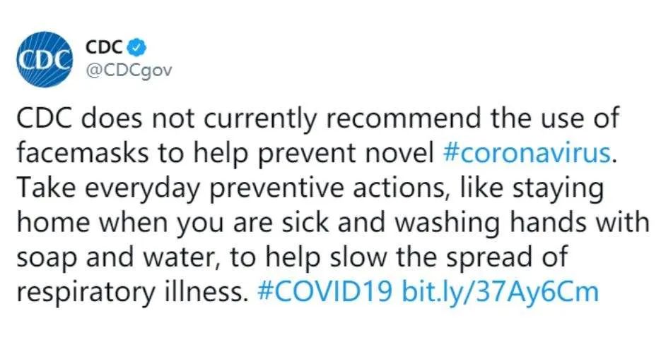 △美國CDC發佈消息稱不建議公衆佩戴口罩